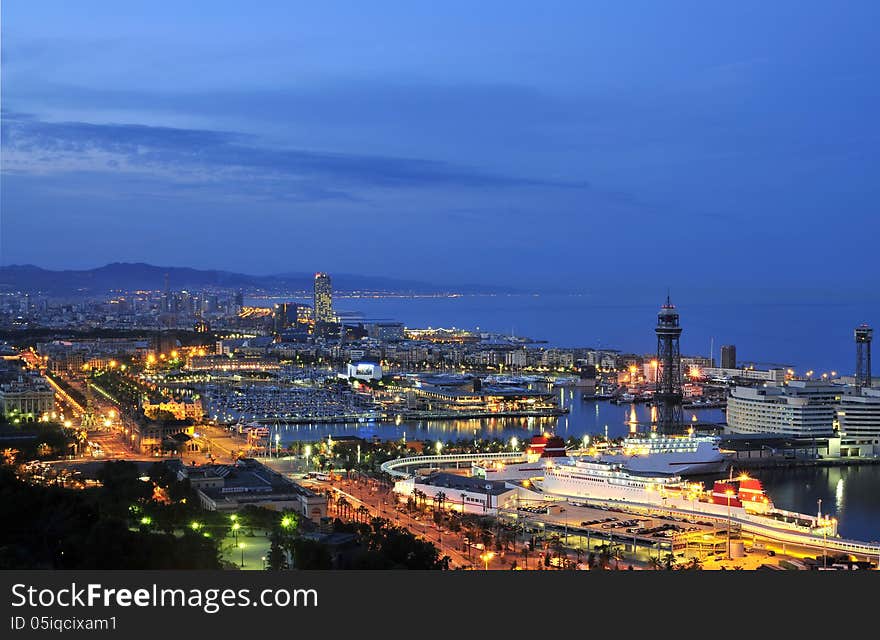 Barcelona harbour at night from mt. juic. Barcelona harbour at night from mt. juic.