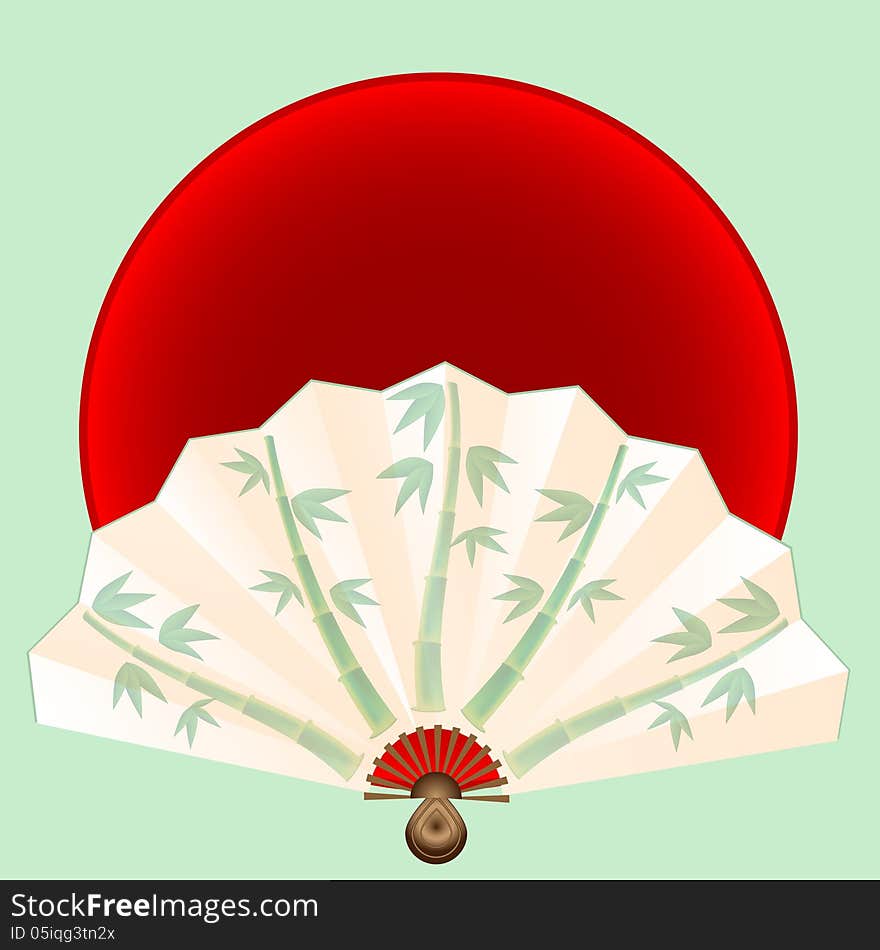 Fan decorated with bamboo on red circle. Fan decorated with bamboo on red circle