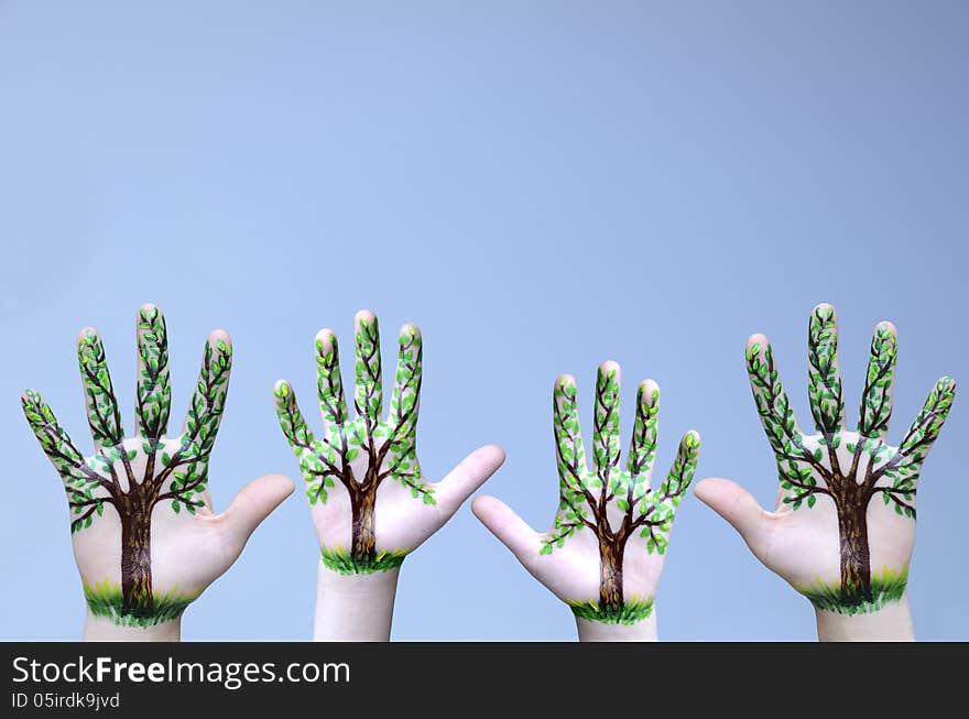 Trees painted on hands