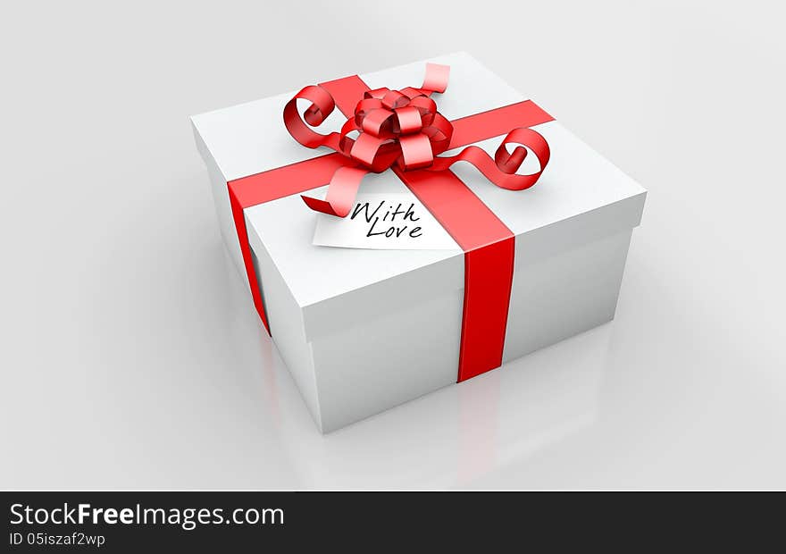 A Gift in a white cardboard and red ribbon on a white background