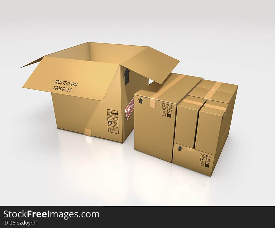 A series of cardboard box on a white background 3d illustration. A series of cardboard box on a white background 3d illustration