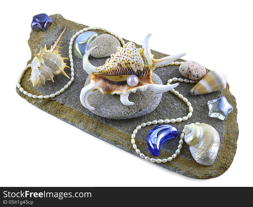 Composition of shell with pearl and decorations on stone isolated. Composition of shell with pearl and decorations on stone isolated