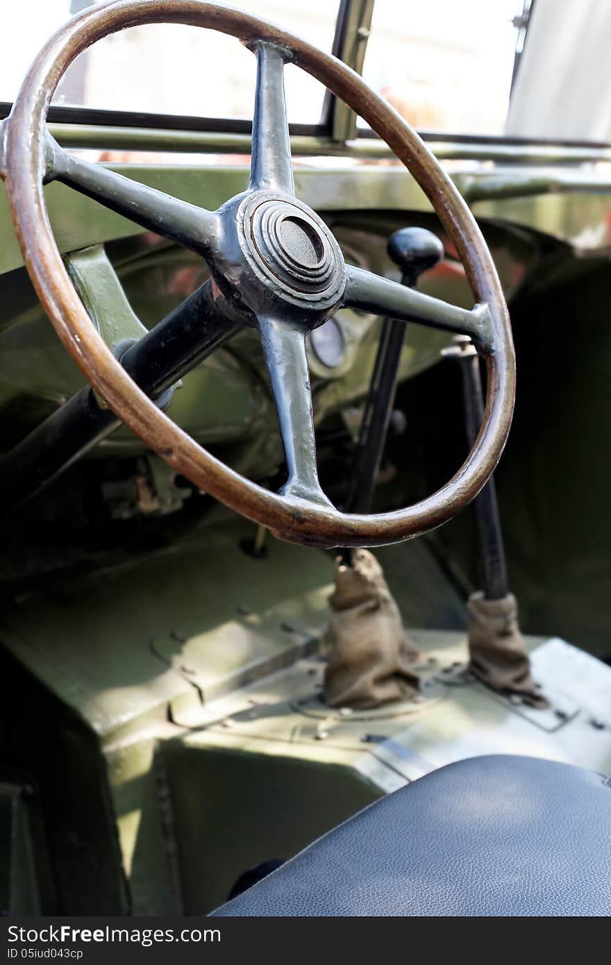 Military retro car, the view from the inside day. Military retro car, the view from the inside day