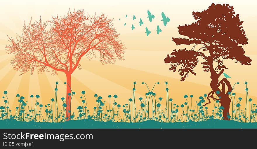 Illustration of a landscape with trees, foliage and birds. Illustration of a landscape with trees, foliage and birds