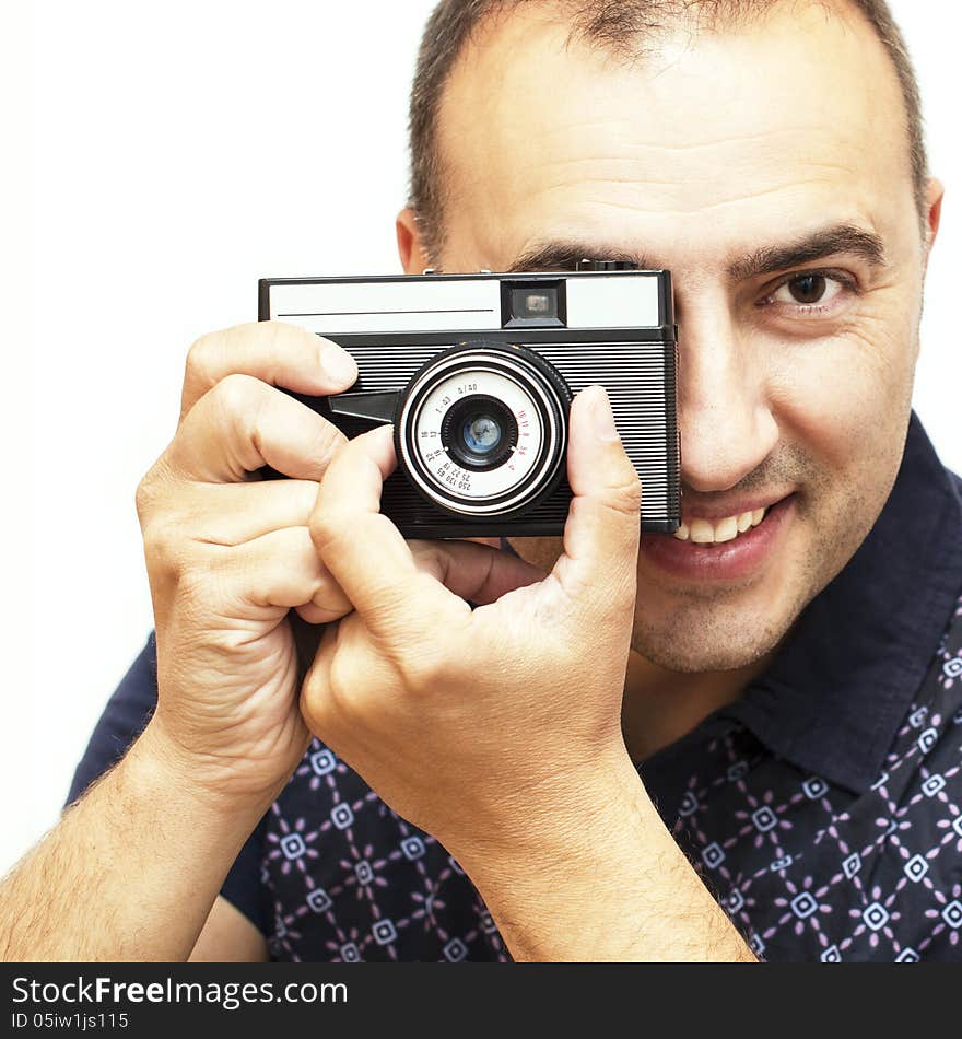 Portrait of photographer with old camera. Portrait of photographer with old camera.