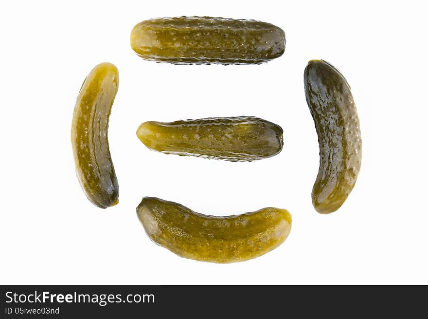 Five pickles isolated on a white background