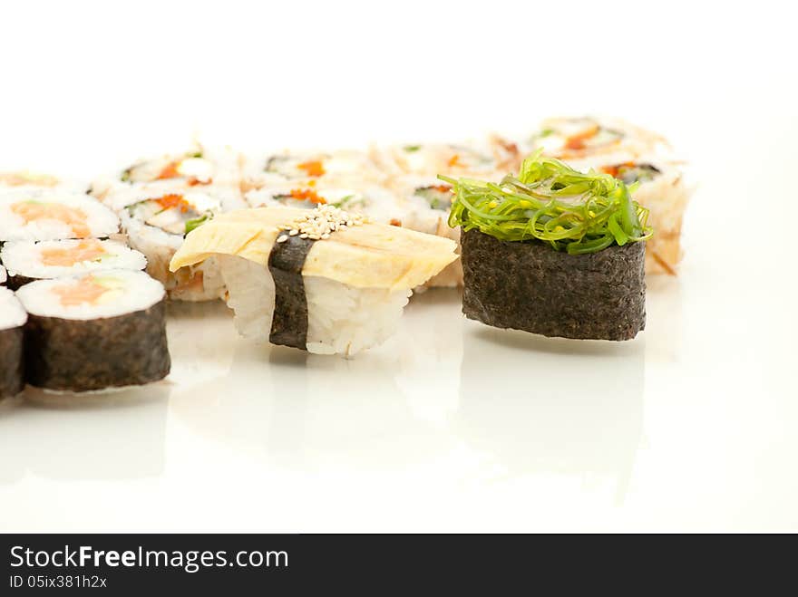 Japanese seafood sushi , roll set closeup