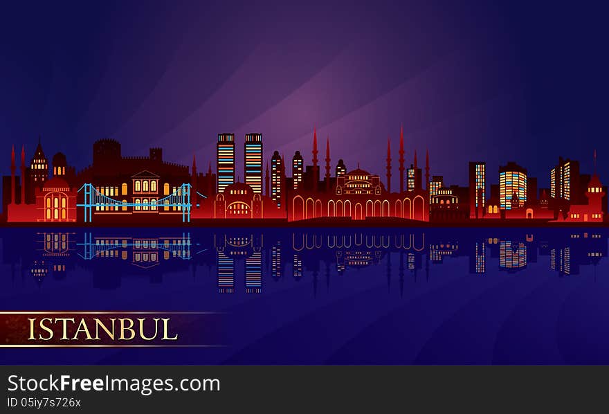 Istanbul city night skyline. Vector silhouette illustration