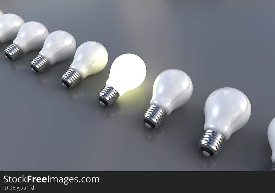 3d render of white light bulbs lined up on a reflective background, with a yellow one in the middle