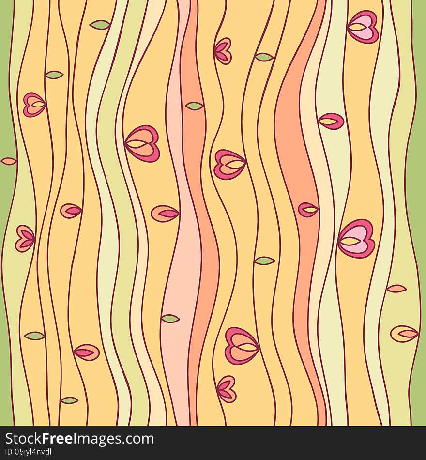 Wavy line seamless pattern with leaves and hearts in yellow and orange colors.