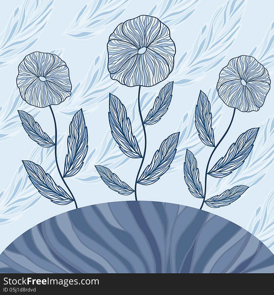 Greeting card with three blue flowers, illustration