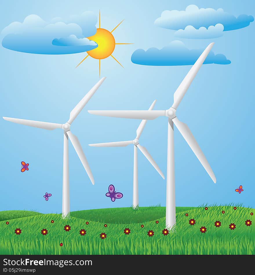 Green meadow with red flowers and wind turbines generating electricity.