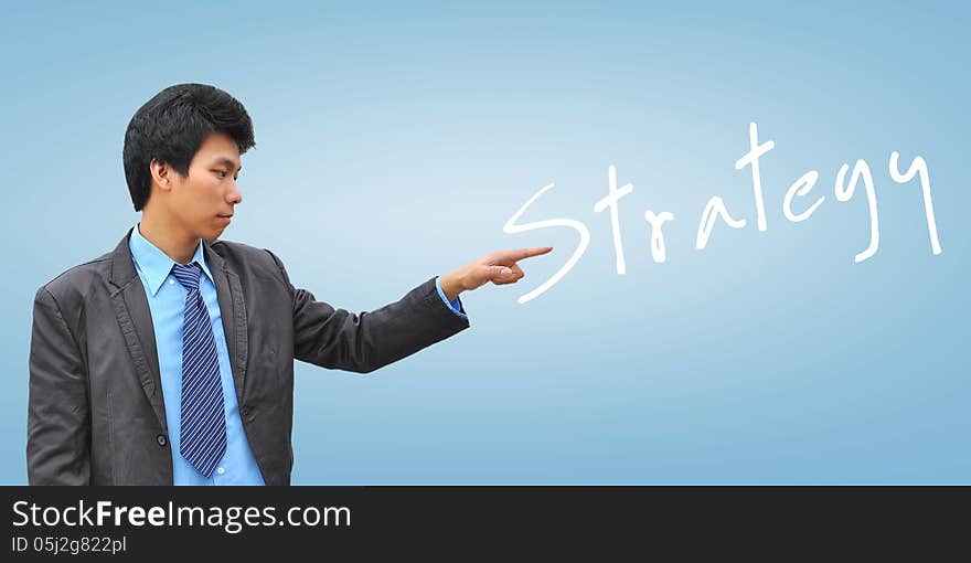 A businessman hand pushing strategy