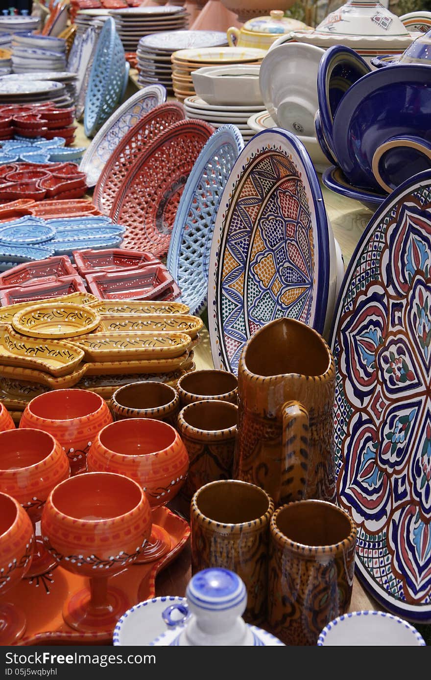 Collection of colorful pottery from Tunisia