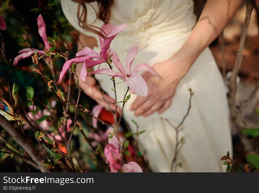 Pregnant woman's belly and soft hands with a beautiful pink flower. Pregnant woman's belly and soft hands with a beautiful pink flower