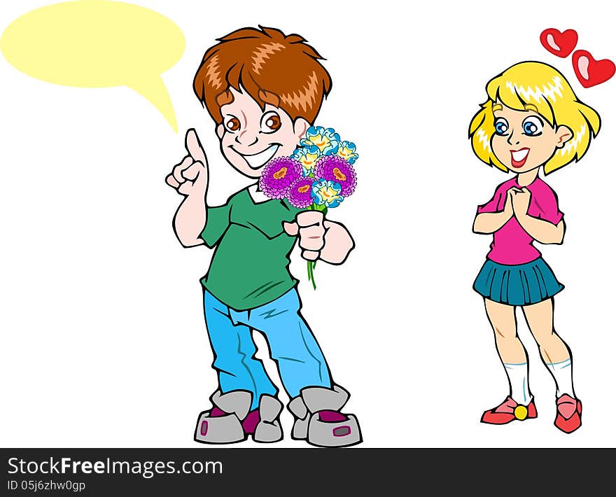 Enamored boy gives a girl flowers on holiday. Illustration made on a white background, in cartoon style, on separate layers.