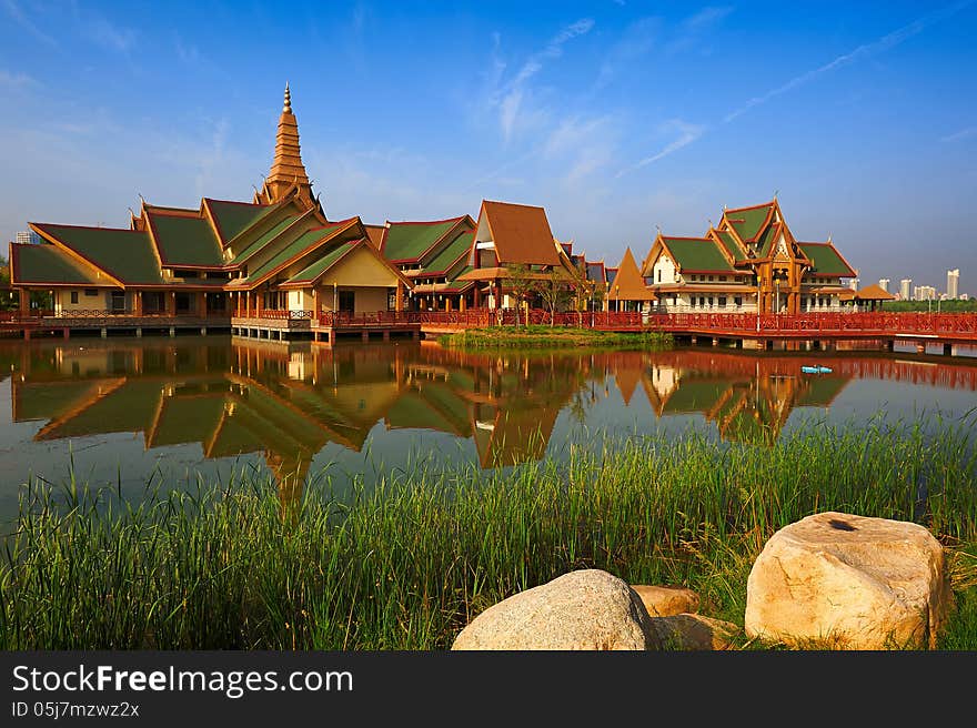 The image taken in china's xian city Xi'an Expo Park.The thailand style buildings of water's edge. The image taken in china's xian city Xi'an Expo Park.The thailand style buildings of water's edge.