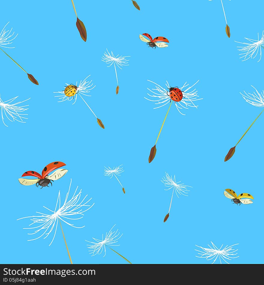 Seamless background with dandelion and ladybug