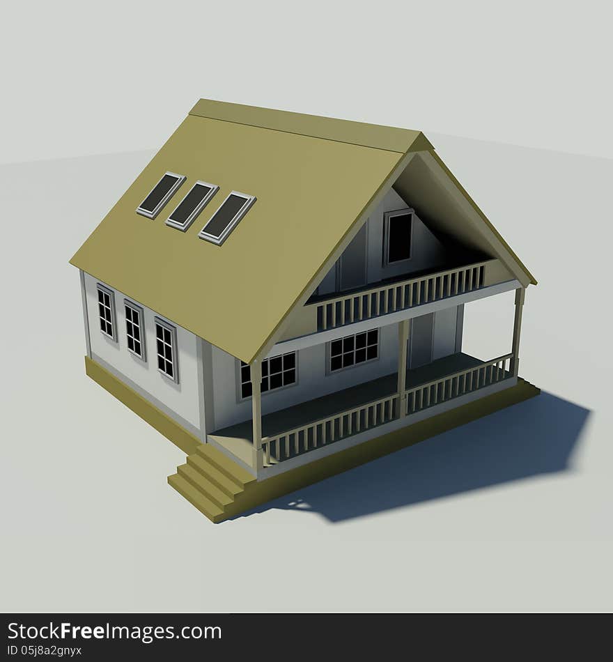 A small house with yellow roof on a white background. A small house with yellow roof on a white background.