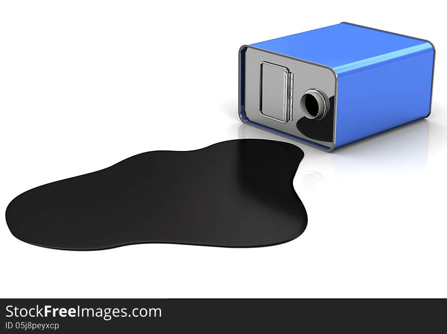 Blue canister and a puddle of oil on a white background. Blue canister and a puddle of oil on a white background