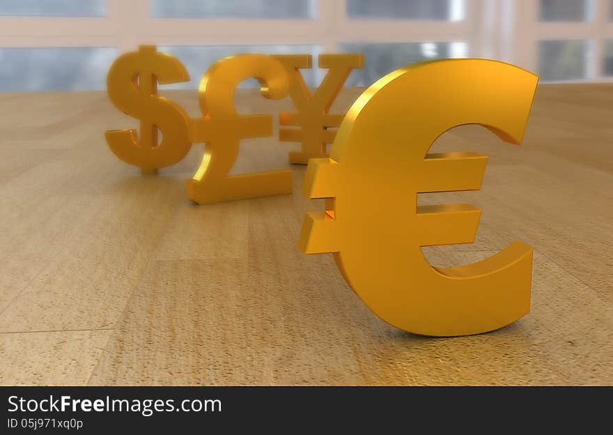 Golden 3D emblem currency of the world, on wooden surface. Golden 3D emblem currency of the world, on wooden surface