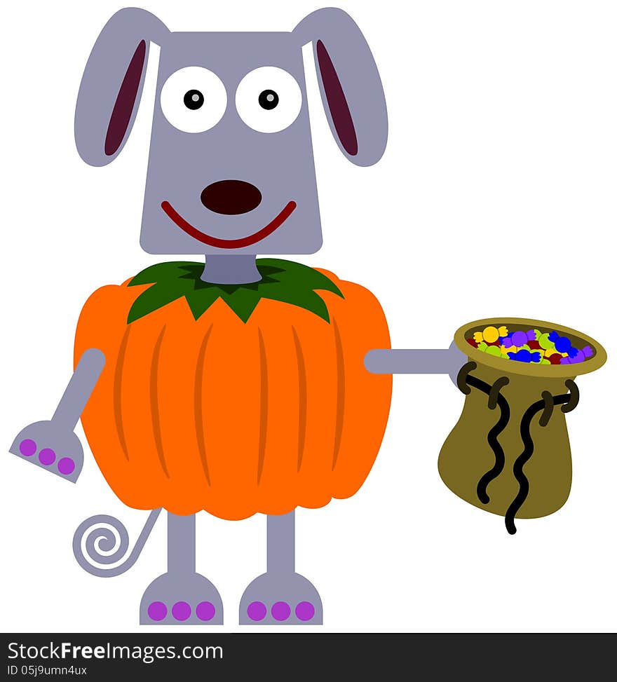 An illustration of a dog wearing a pumpkin costume and holding a bag of candies. An illustration of a dog wearing a pumpkin costume and holding a bag of candies