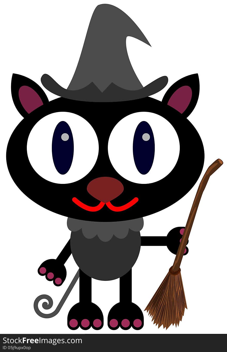 A cute illustration of a black cat dressed like a witch and holding a broom. A cute illustration of a black cat dressed like a witch and holding a broom