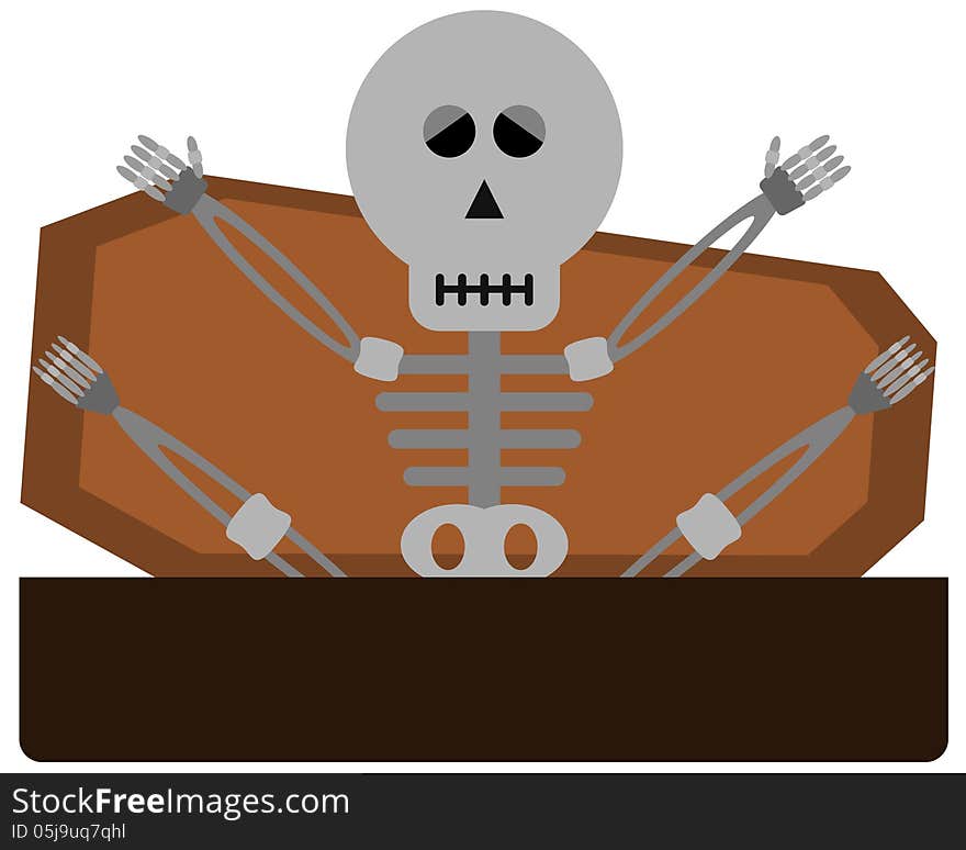 An illustration of a skeleton inside a coffin coming out from a coffin. An illustration of a skeleton inside a coffin coming out from a coffin