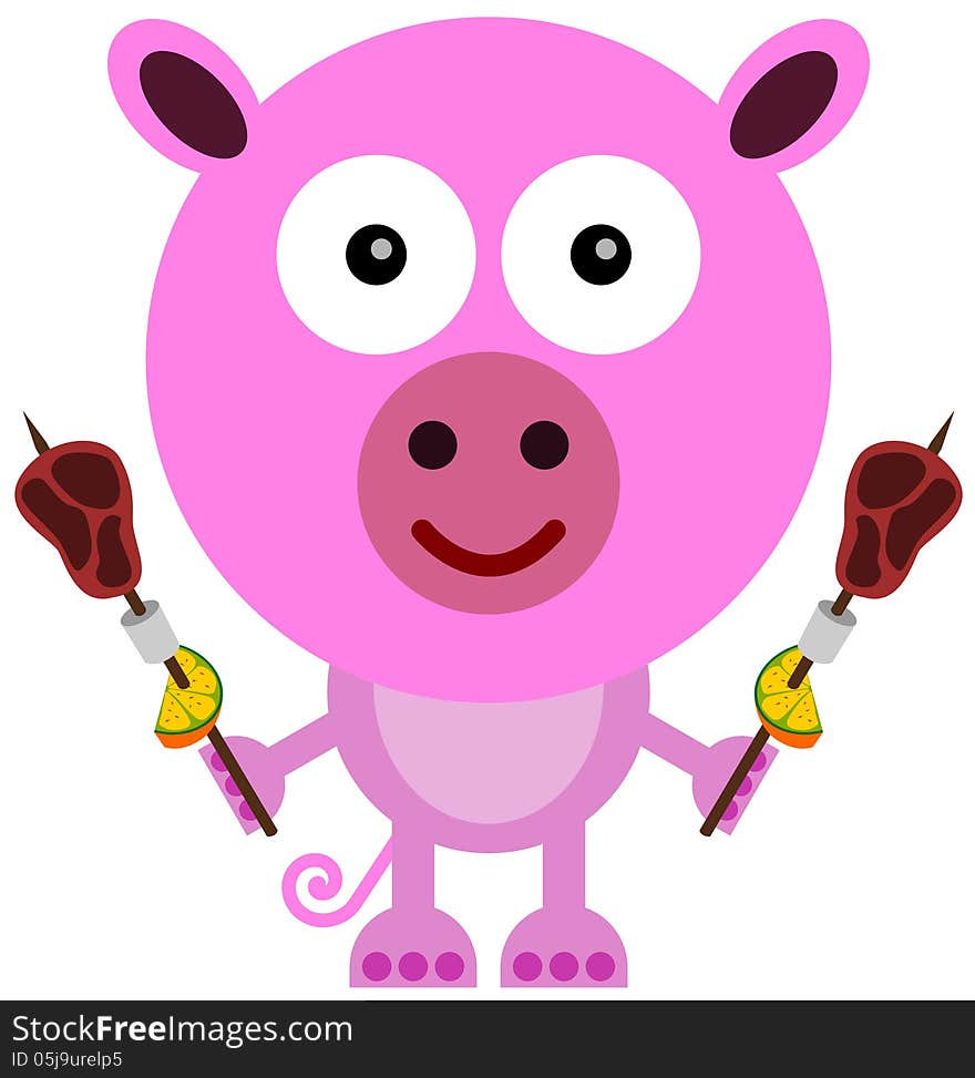 A funny illustration of a pig holding a barbecue on both hands. A funny illustration of a pig holding a barbecue on both hands
