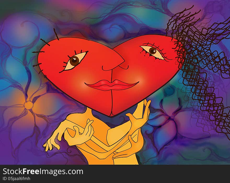 Happy couple kissing in a red heart shape.work with digital painting.