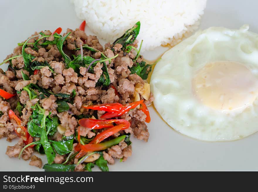 Rice with stir fried hot and spicy pork with basil. Rice with stir fried hot and spicy pork with basil