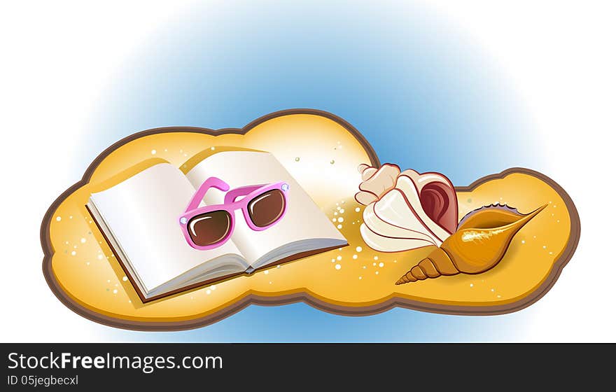 Seaside summer holiday background with sand, book shells and sunglasses. Seaside summer holiday background with sand, book shells and sunglasses