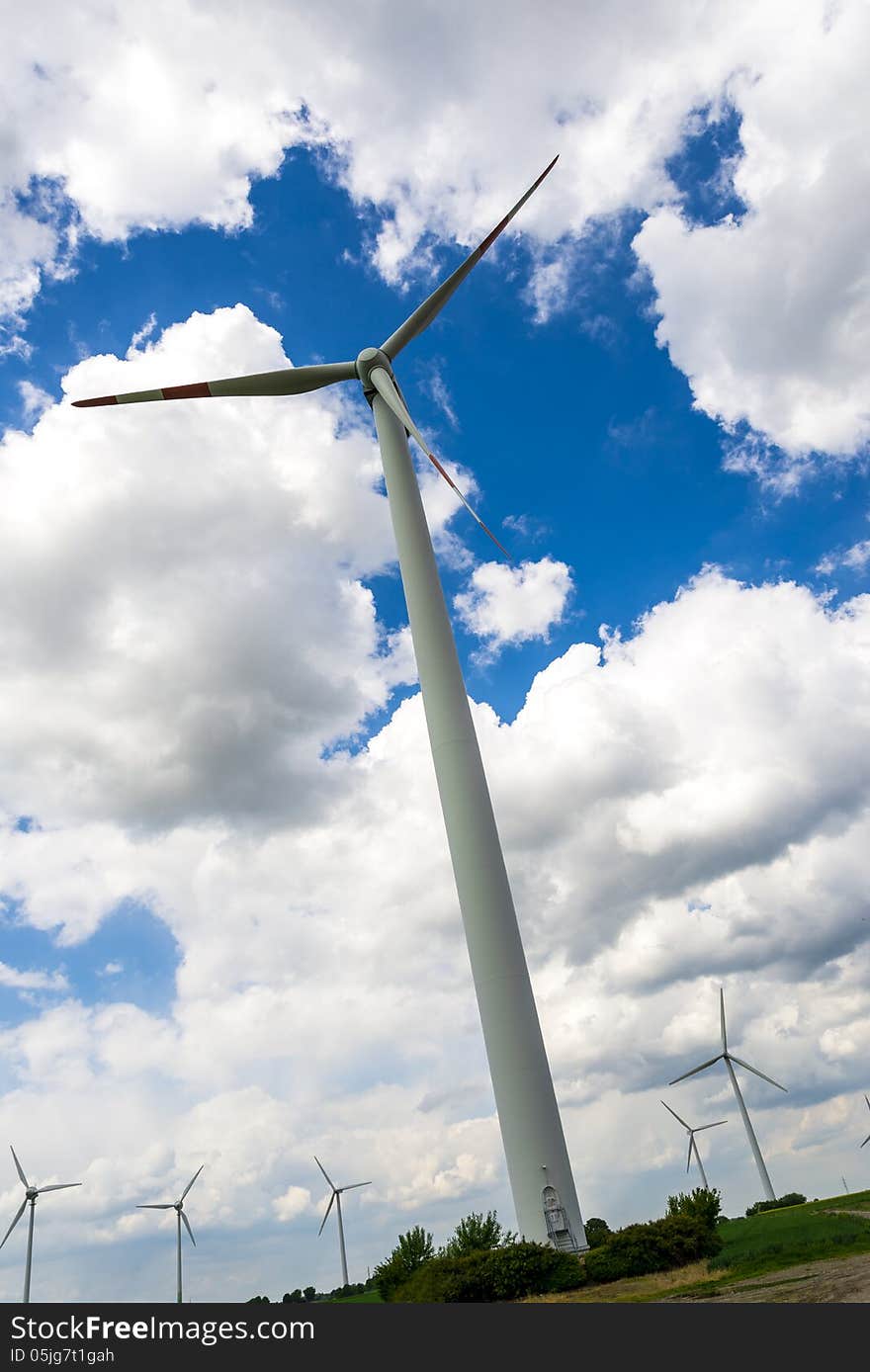 Close up of a wind turbine on a wind farm