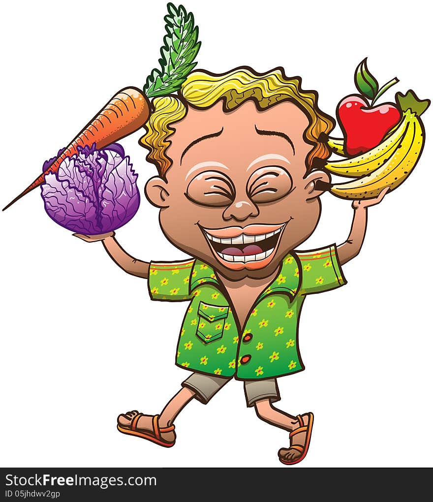 Happy blond boy walking and smiling while carrying colorful, fruits and vegetables in a tropical country. Happy blond boy walking and smiling while carrying colorful, fruits and vegetables in a tropical country