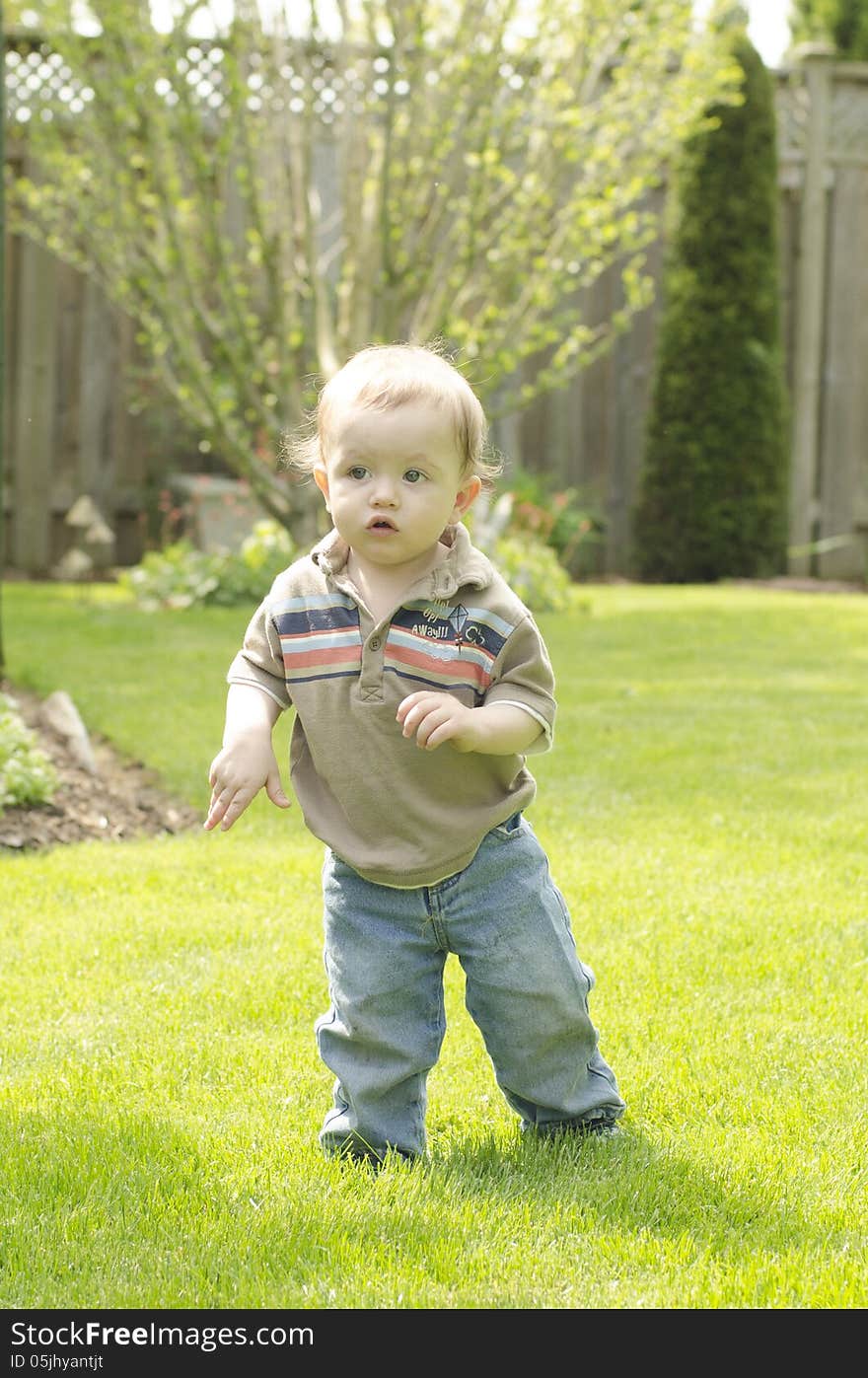 A young toddler is learning to walk on grass. A young toddler is learning to walk on grass