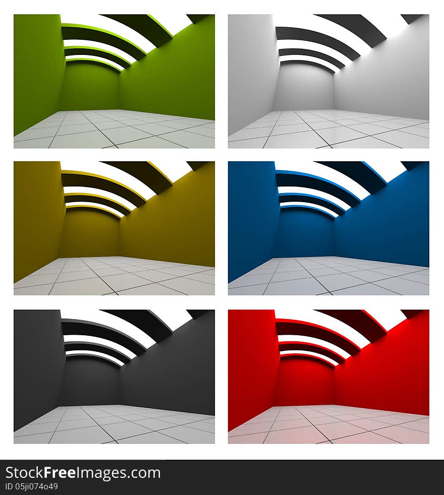 Set of Colorful Empty Room Curve Ceiling