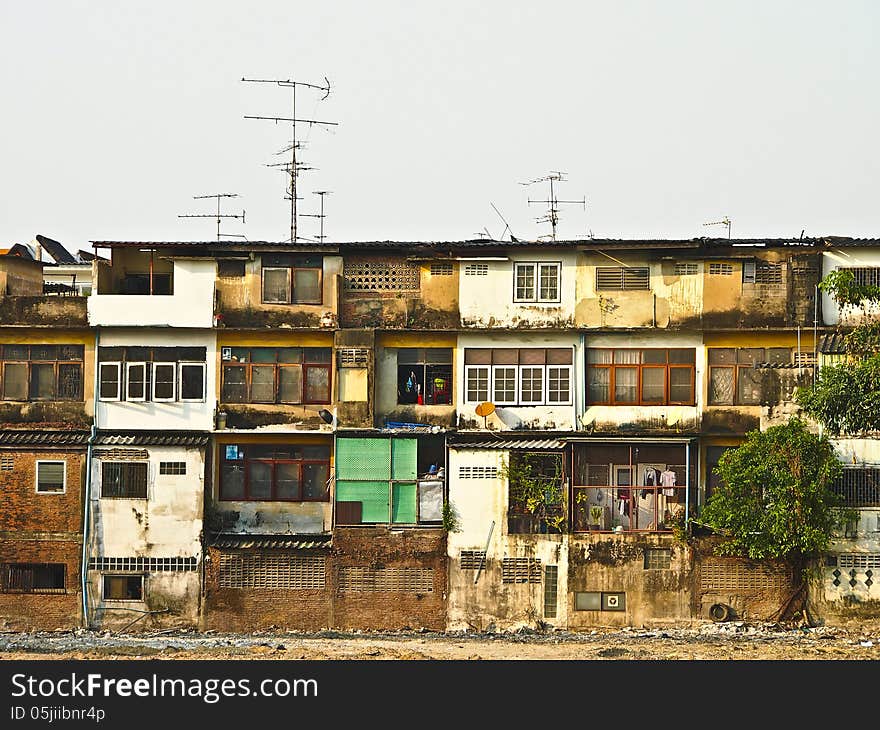 Backside of old commercial building in daytime