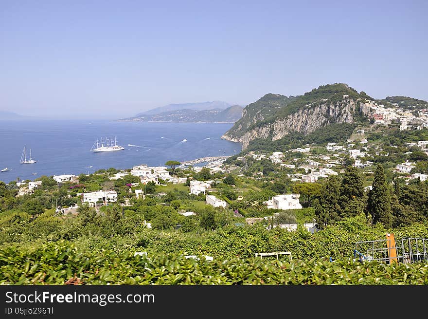 View down toward Sorrento looking across the mediterranean island of Capri. View down toward Sorrento looking across the mediterranean island of Capri