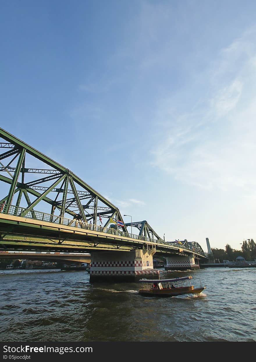 View of steel bridge across the Chao Phraya river Bangkok Thailand