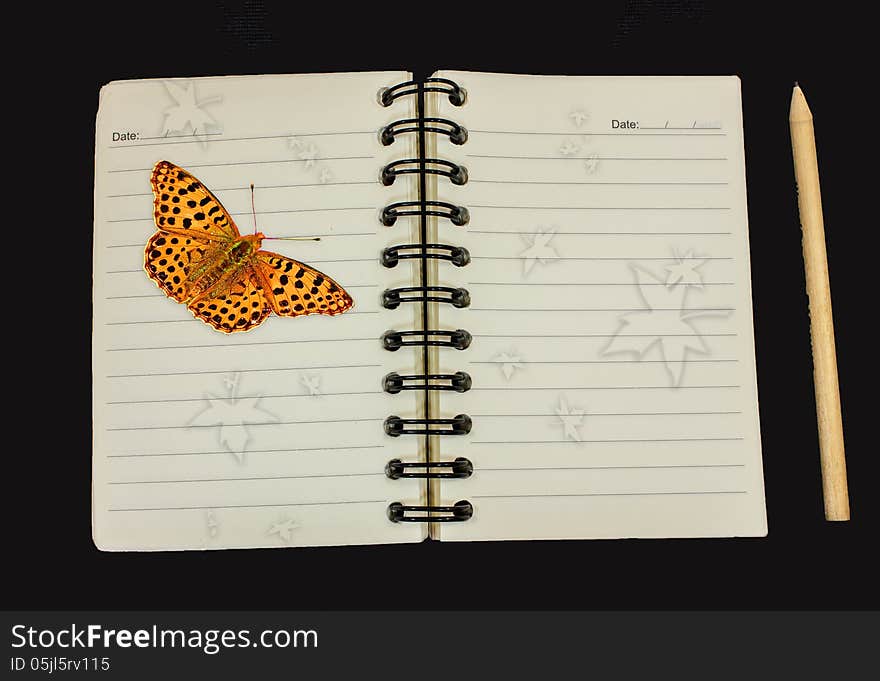 Notebook and pencil and butterfly on black color background.