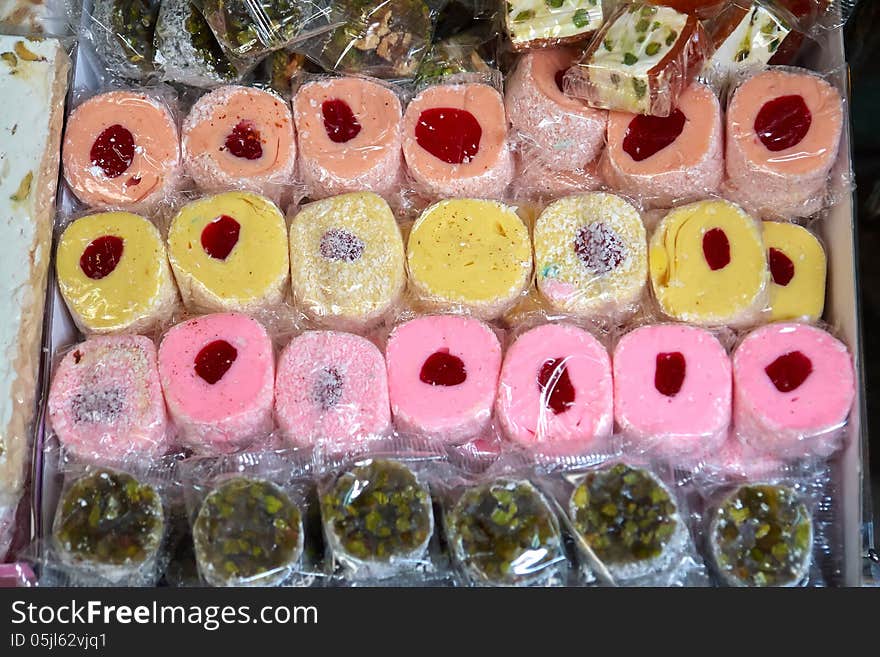 Wide selection of Oriental Arabic sweets in the market