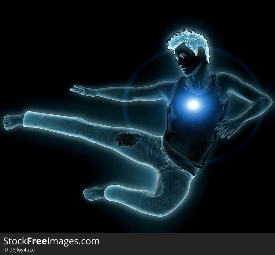 Abstract glowing man jump over black background.