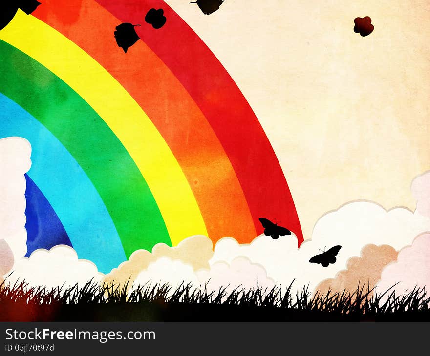 Silhouette of grass and butterflies over grunge background with rainbow and clouds. Silhouette of grass and butterflies over grunge background with rainbow and clouds.