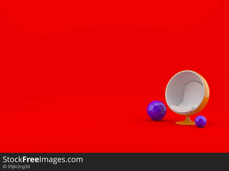 High-tech ball-chair with Futuristic glossy spheres on a red background