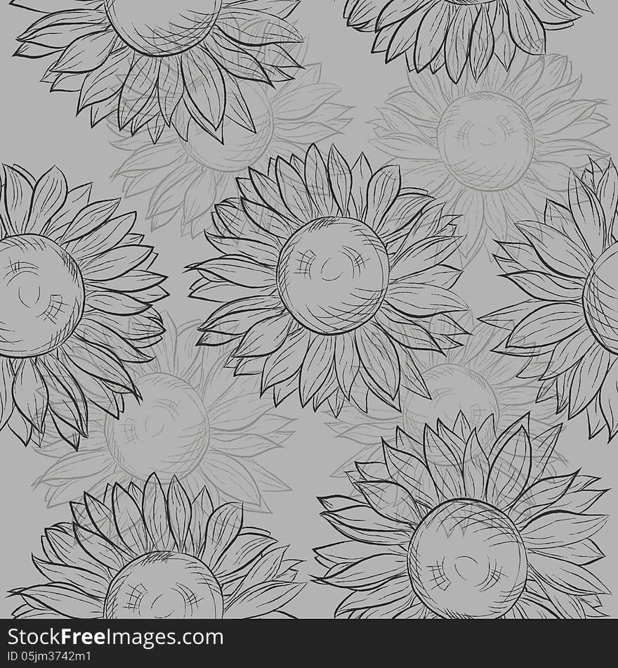 Cute seamless pattern with sunflowers. Abstract gray, black and white.