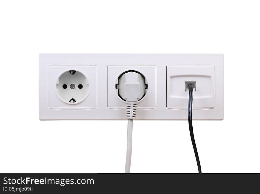 Electric and internet outlets on on a white background, electric cable and internet. Electric and internet outlets on on a white background, electric cable and internet