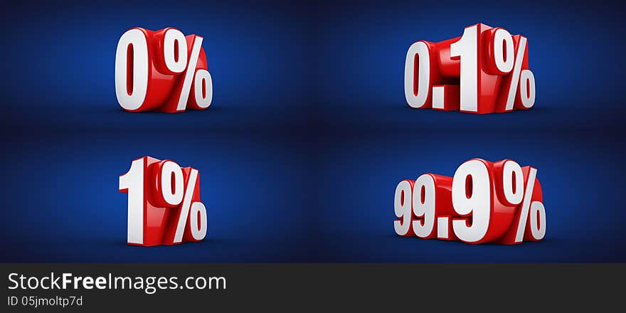 Set of percent numbers for purity, sales and discounts, red and white numbers over blue background. Set of percent numbers for purity, sales and discounts, red and white numbers over blue background