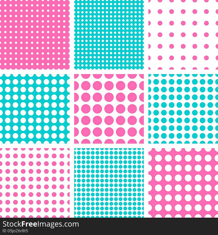 Seamless Polka Dot vector pattern in hot pink and dark turquoise colors. Seamless Polka Dot vector pattern in hot pink and dark turquoise colors