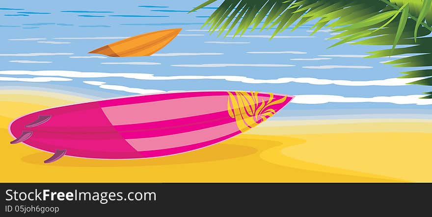 Surf boards on the seascape with palm tree. Illustration