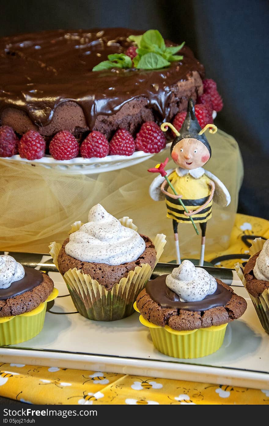 This is a cake and cupcakes for the summer. Chocolate cake with chocolate icing.